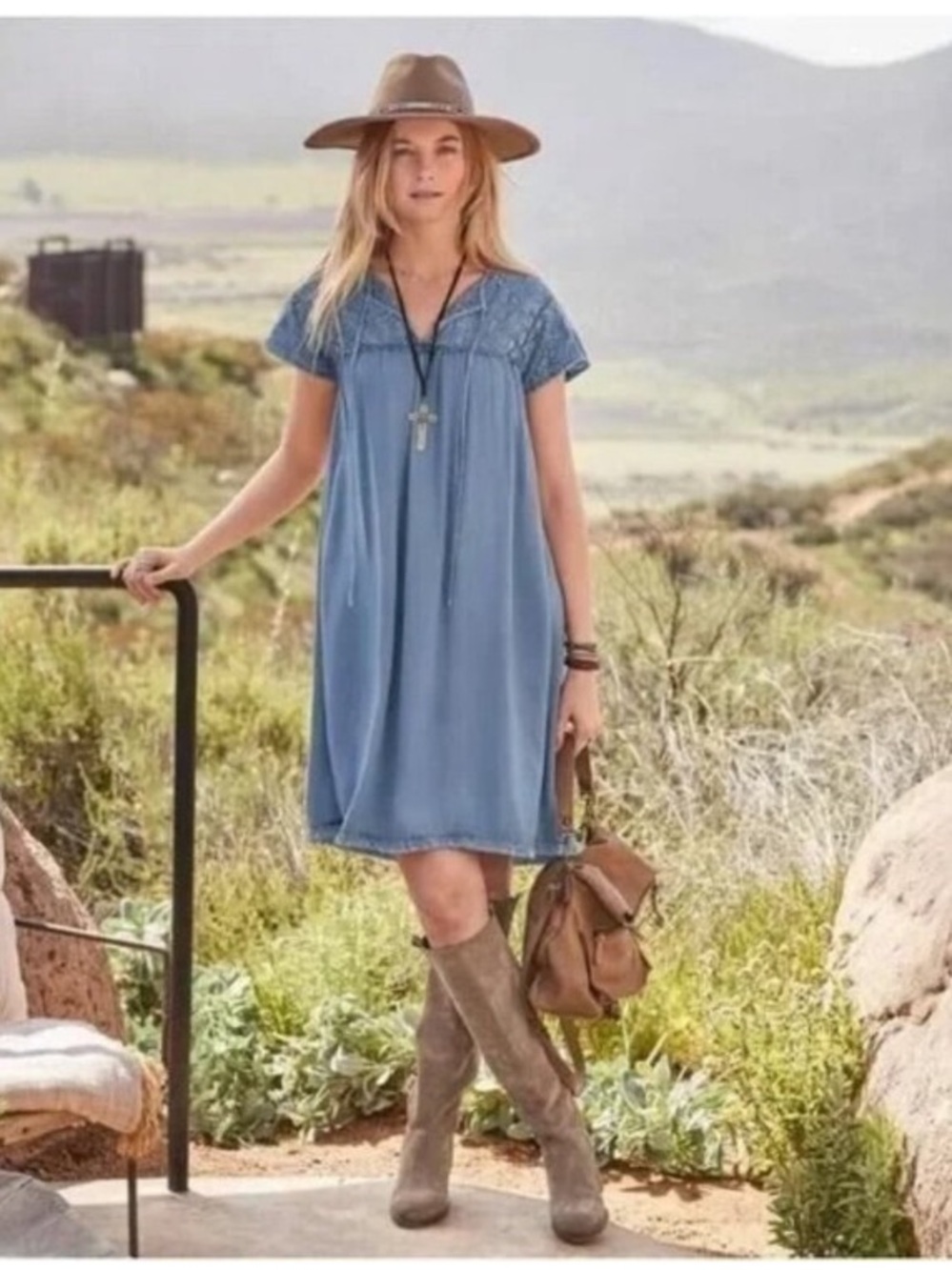 Sundance Blue Embroidered Boho Fringe Hem Dress XS